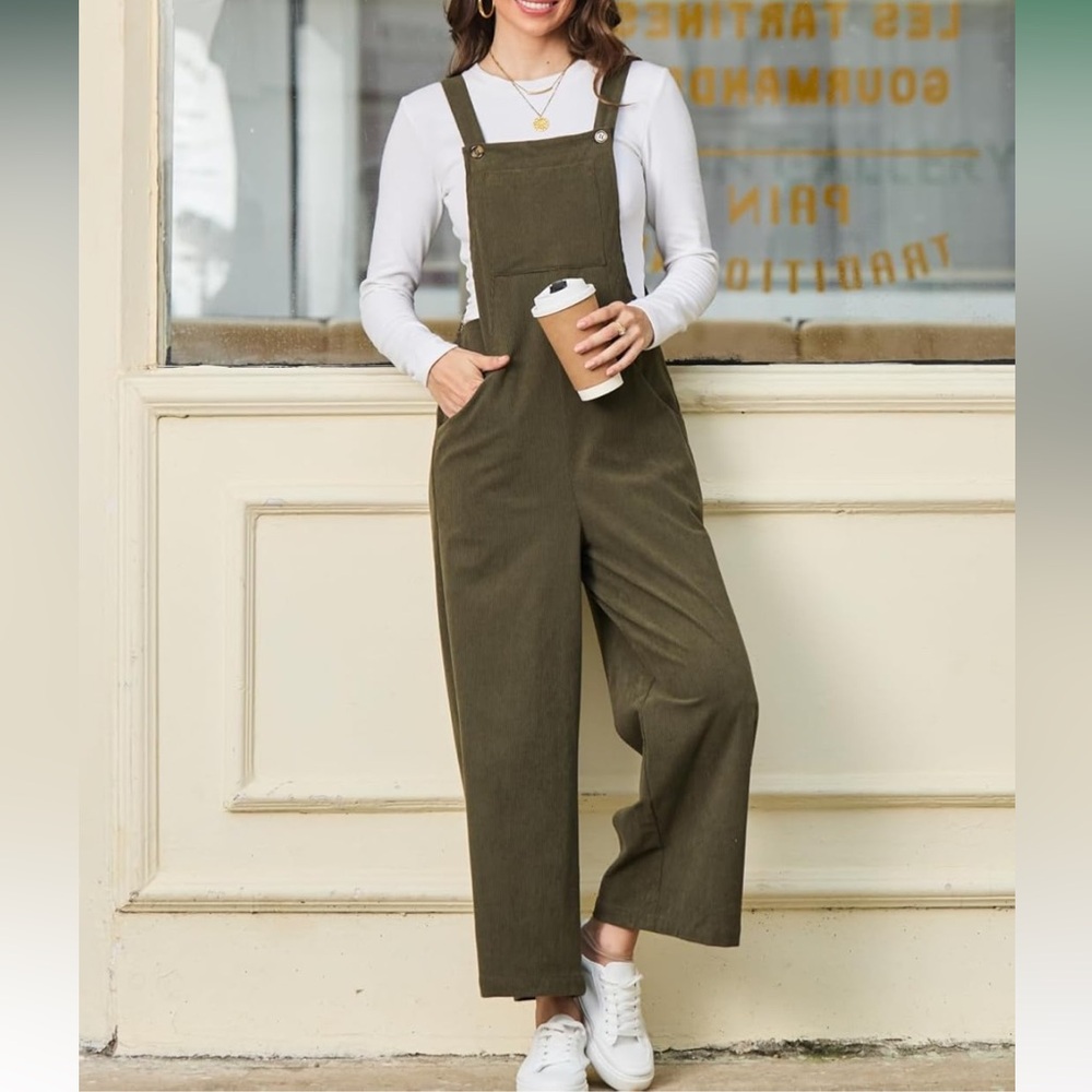 Olive Green Happy Sailed Corduroy Overalls Size Large Wide Leg Adjustable Straps